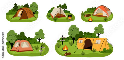 Camping composition. Landscape with trees and bushes. Camp tent and bonfire. Tourist campsite, outdoor adventure, campground in forest. Hiking tourism. Summer vacation vector cartoon flat illustration