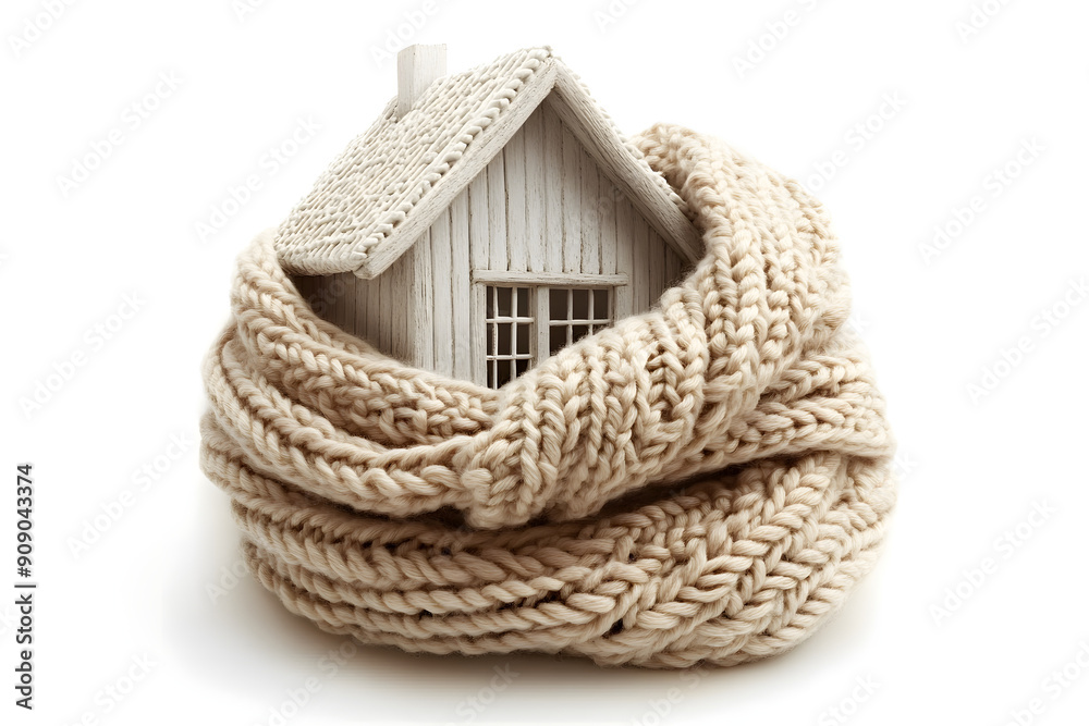 Fototapeta premium House Wrapped in Knitted Scarf For Winter Warmth and Comfort on white background