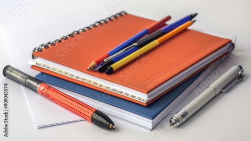 Organized School Supplies: Binder, Ruler, and Pens on White Background