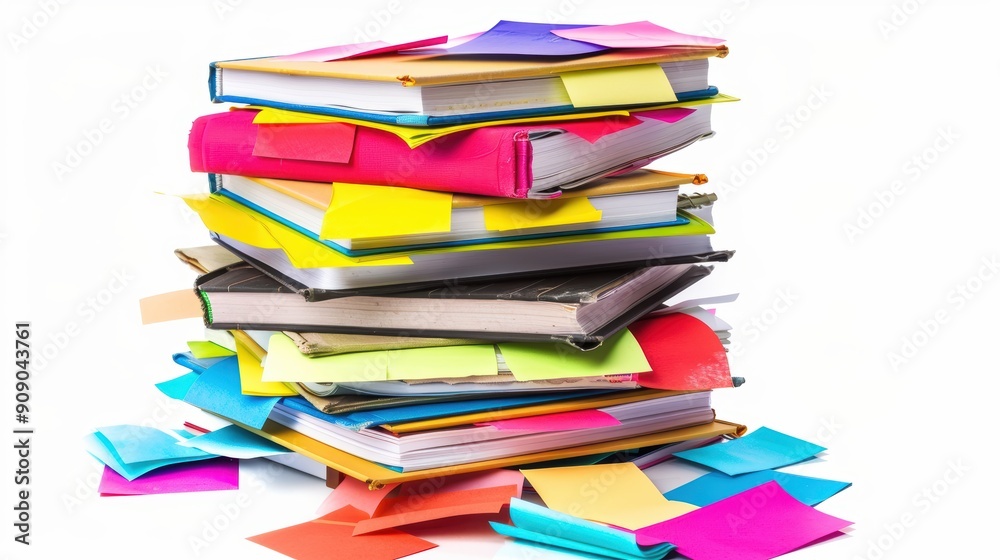 Education Essentials: Stack of Textbooks with Colorful Sticky Notes on White Background Education Essentials: Stack of Textbooks with Colorful Sticky Notes on White Background