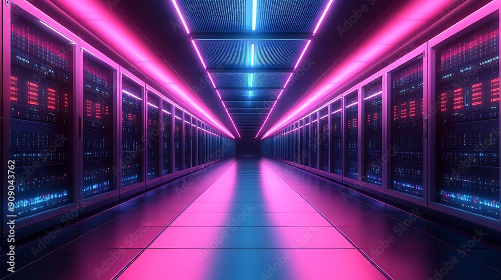 A futuristic data center featuring vibrant neon lights illuminating a server corridor, showcasing advanced technology and innovation. A futuristic data center featuring vibrant neon lights illuminating a server corridor, showcasing advanced technology and innovation.