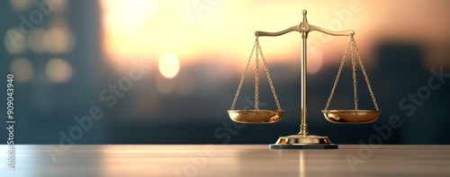 A golden balance scale on the table against a law background with a dark blur effect. The concept of justice