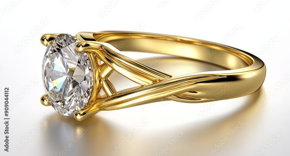 A golden engagement ring with an oval diamond and intricate braided band, placed on a white surface. A golden engagement ring with an oval diamond and intricate braided band, placed on a white surface.