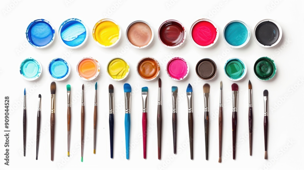 Creative Set of Watercolor Paints and Brushes on Clean White Background Creative Set of Watercolor Paints and Brushes on Clean White Background