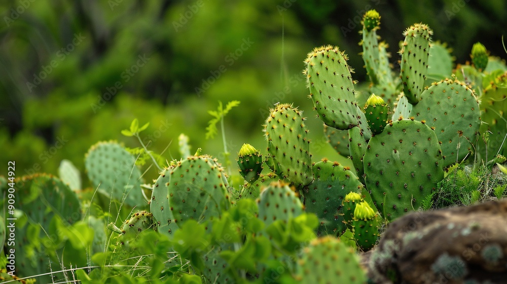 A close-up of a cactus, adorned with many vibrant green leaves, surrounded by towering trees A close-up of a cactus, adorned with many vibrant green leaves, surrounded by towering trees