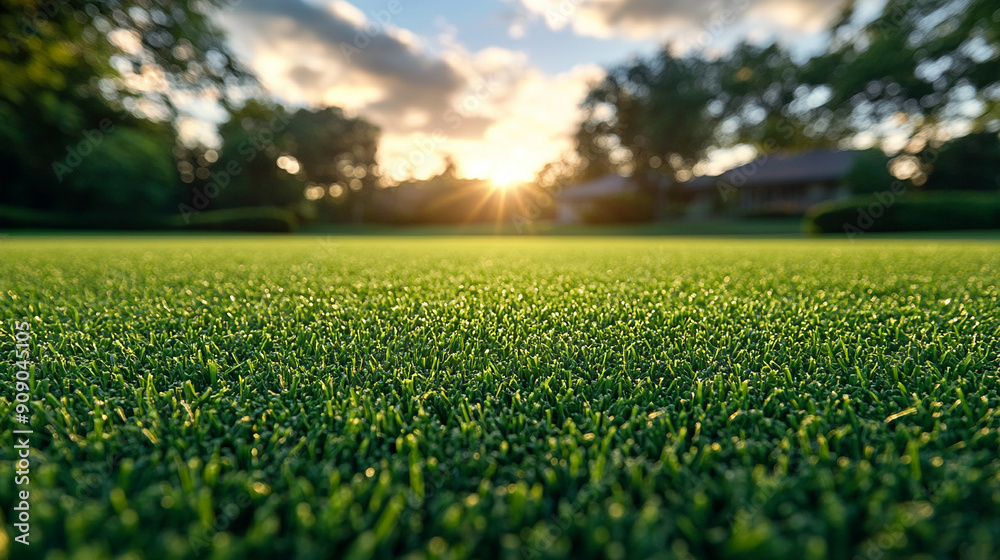 green grass glows in the warm light of sunset, with a home blurred in the background, symbolizing peace, growth, and the warmth of nature blending with domestic tranquility green grass glows in the warm light of sunset, with a home blurred in the background, symbolizing peace, growth, and the warmth of nature blending with domestic tranquility