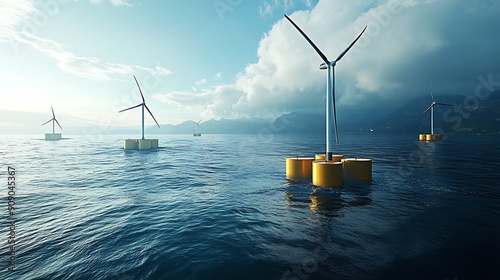 A serene seascape featuring floating wind turbines harnessing renewable energy in a calm ocean environment. photo