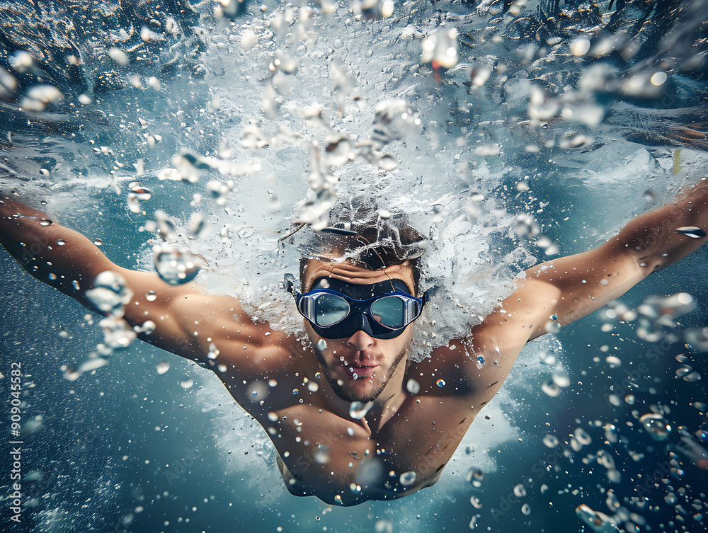 Fototapeta premium Dynamic underwater shot of a swimmer diving into the water, creating a splash of water droplets. Perfect for sports, fitness, and adventure themes. 
