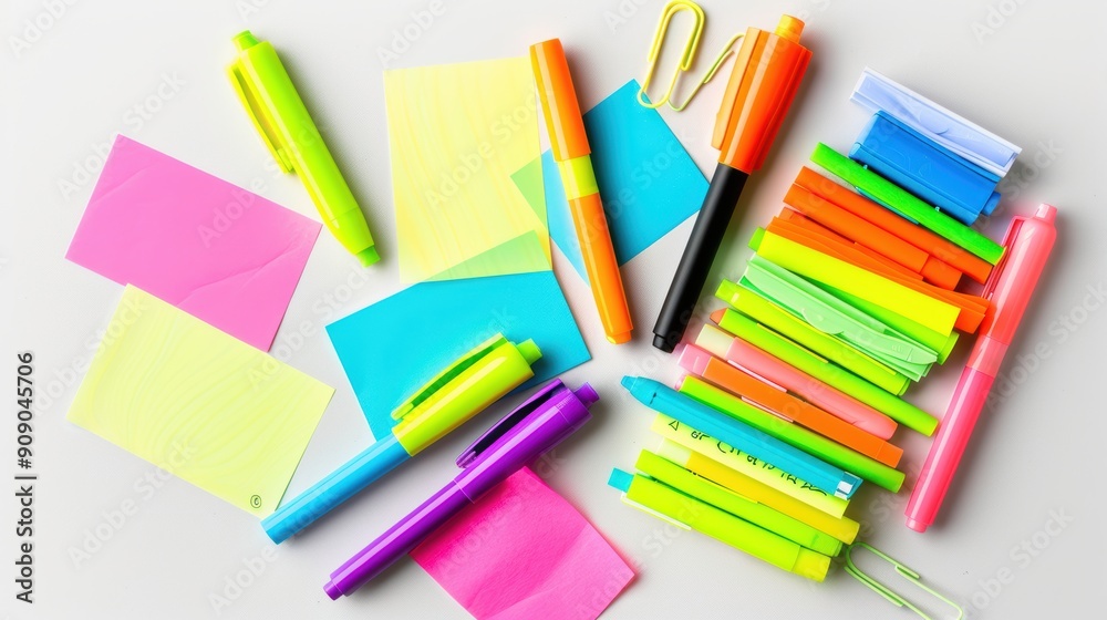 Obraz premium Vibrant Assorted Highlighters and Colorful Sticky Notes on White Background