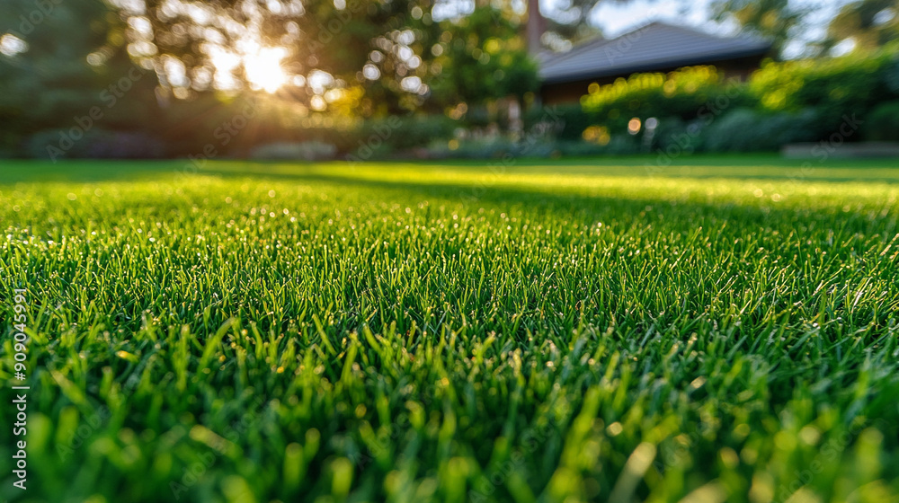 green grass glows in the warm light of sunset, with a home blurred in the background, symbolizing peace, growth, and the warmth of nature blending with domestic tranquility green grass glows in the warm light of sunset, with a home blurred in the background, symbolizing peace, growth, and the warmth of nature blending with domestic tranquility