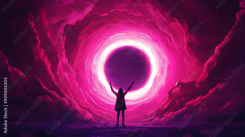 Ethereal Woman Reaching Into Glowing Dimensional Portal of Light in Futuristic Fantasy