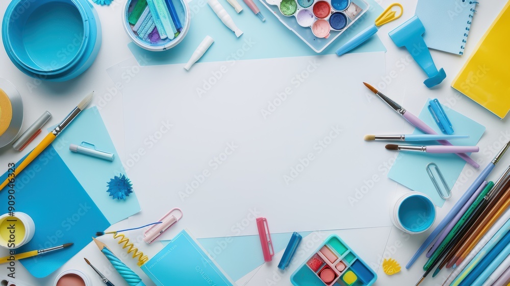 Creativity Unleashed: Assortment of Art Supplies and Paper on a Clean White Background Creativity Unleashed: Assortment of Art Supplies and Paper on a Clean White Background