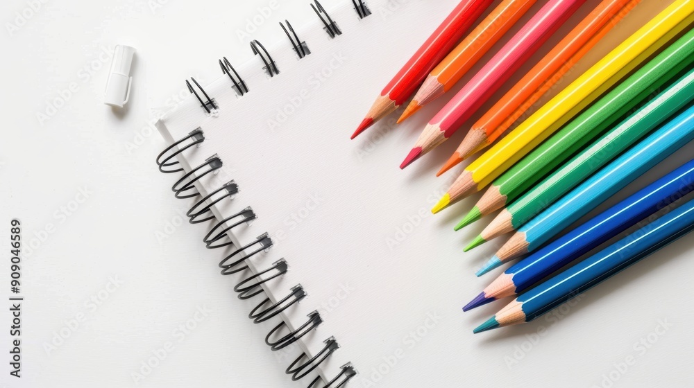 Fototapeta premium Vibrant Colored Pencils with Sketchpad on White Background for Creative Projects