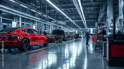 Bright and spacious car service station with multiple service bays and high-tech tools, featuring workers efficiently servicing vehicles