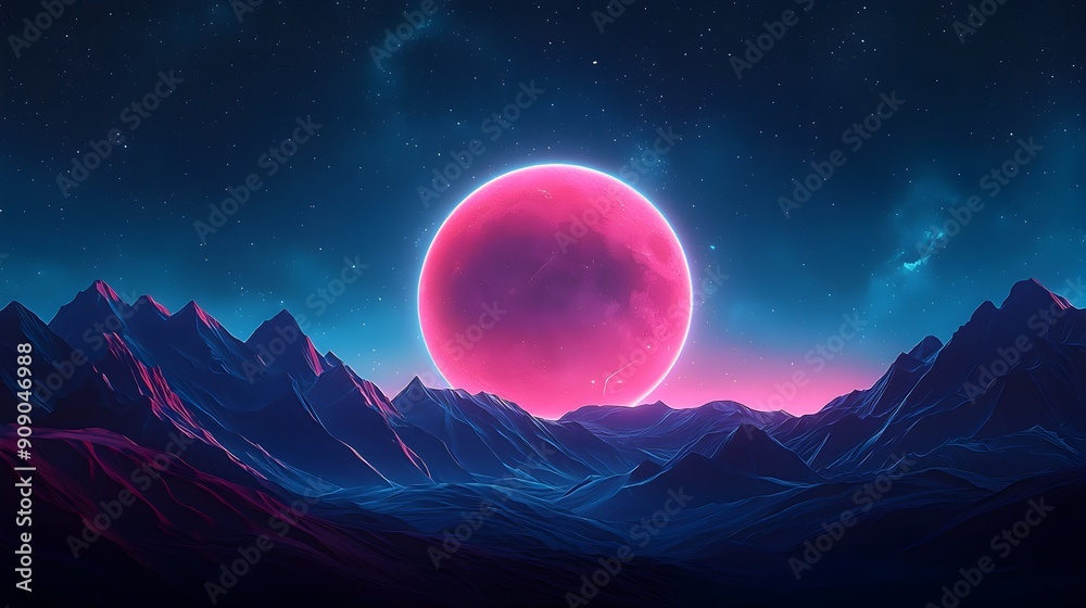 Glowing Retro Futuristic Landscape with Dramatic Moonrise and Towering Mountains Glowing Retro Futuristic Landscape with Dramatic Moonrise and Towering Mountains