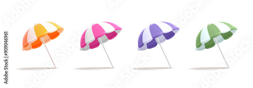 3D set of colorful open beach umbrellas on a white background. Realistic rendering for recreation, vacation, summer travel, sun protection concepts. Vector illustration.