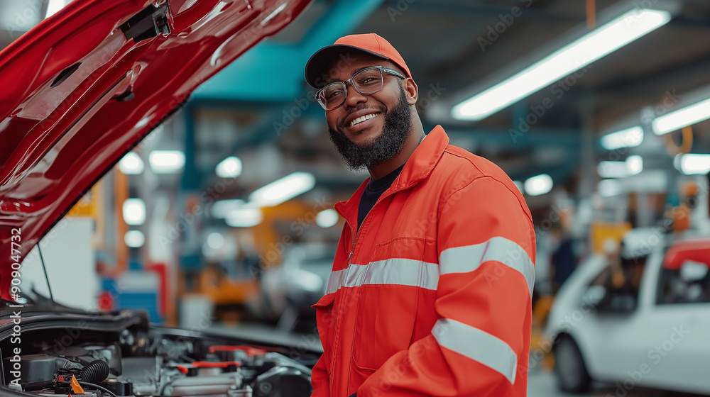 Portrait of a service station worker with a friendly expression, standing next to an open car hood in a bright, organized shop Portrait of a service station worker with a friendly expression, standing next to an open car hood in a bright, organized shop