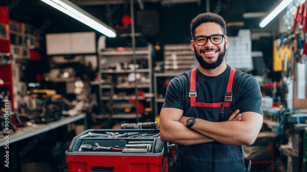 Portrait of a service station worker standing confidently next to a fully equipped tool chest in a bright, organized shop Portrait of a service station worker standing confidently next to a fully equipped tool chest in a bright, organized shop