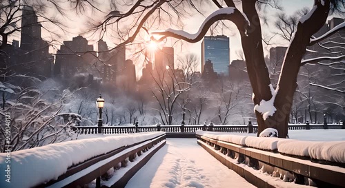 Central Park covered in snow in winter.