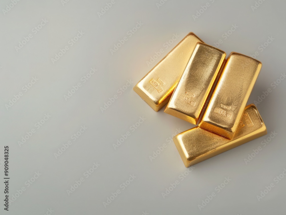 Stack of gold ingots on a grey surface, suitable for banking and luxury marketing Stack of gold ingots on a grey surface, suitable for banking and luxury marketing