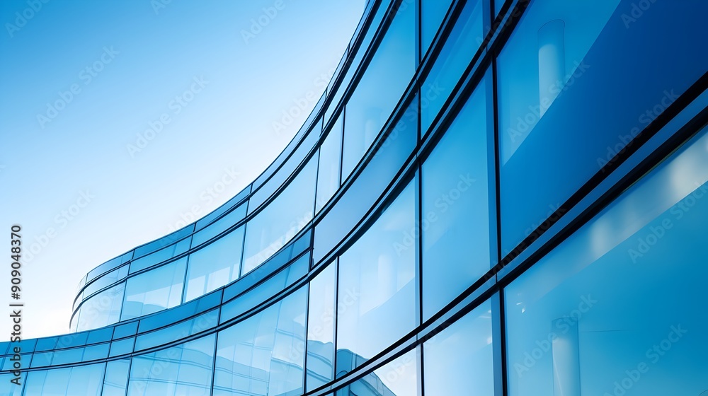 Fototapeta premium Curved Glass Architectural Facades with Geometric Patterns Against Vibrant Blue Sky and Cinematic Lighting