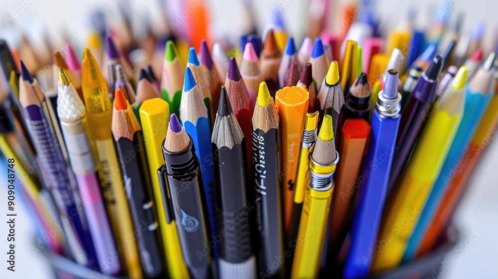 Organized Collection of Pens and Pencils in Holder on White Background
