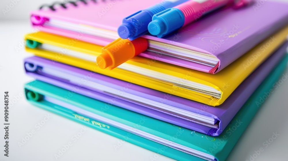 Fototapeta premium Organized Workspace - Stack of Colorful Notebooks and Markers on White Desk Background