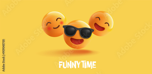 Group of funny, positive emoticons with different happy facial expressions, 3D. For advertising concepts of celebrations, parties, meetings. Time to have fun. Vector illustration.