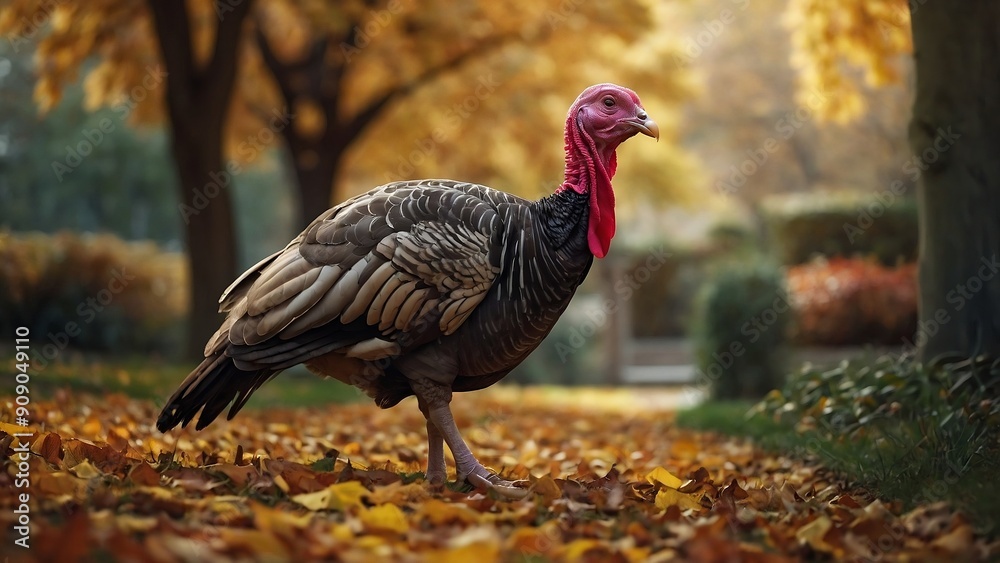 turkey walking in an autumn garden, countryside turkey walking in an autumn garden, countryside