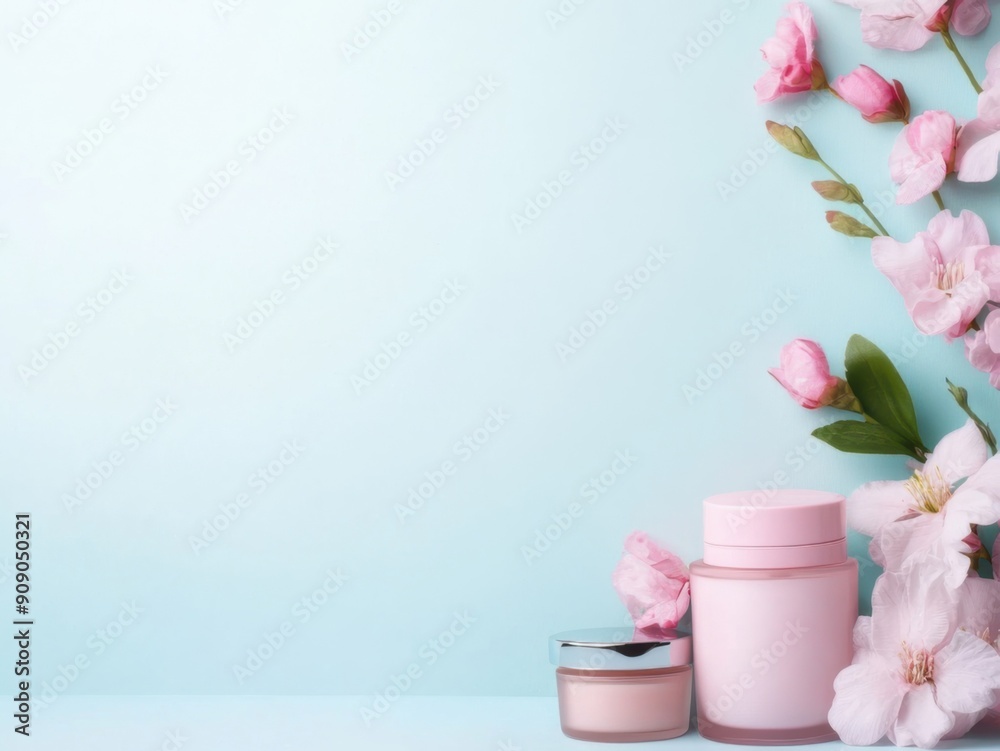 A soft pastel background with a beautifully arranged set of cosmetics, creating a feminine and elegant feel A soft pastel background with a beautifully arranged set of cosmetics, creating a feminine and elegant feel