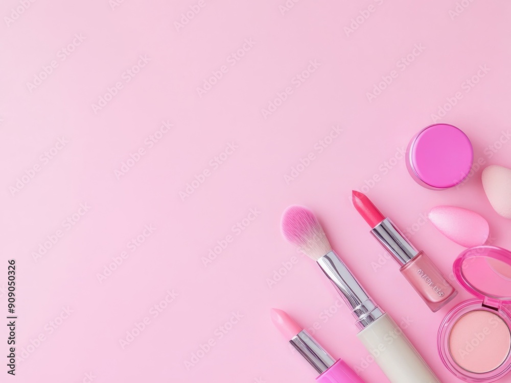 A soft pastel background with a beautifully arranged set of cosmetics, creating a feminine and elegant feel A soft pastel background with a beautifully arranged set of cosmetics, creating a feminine and elegant feel