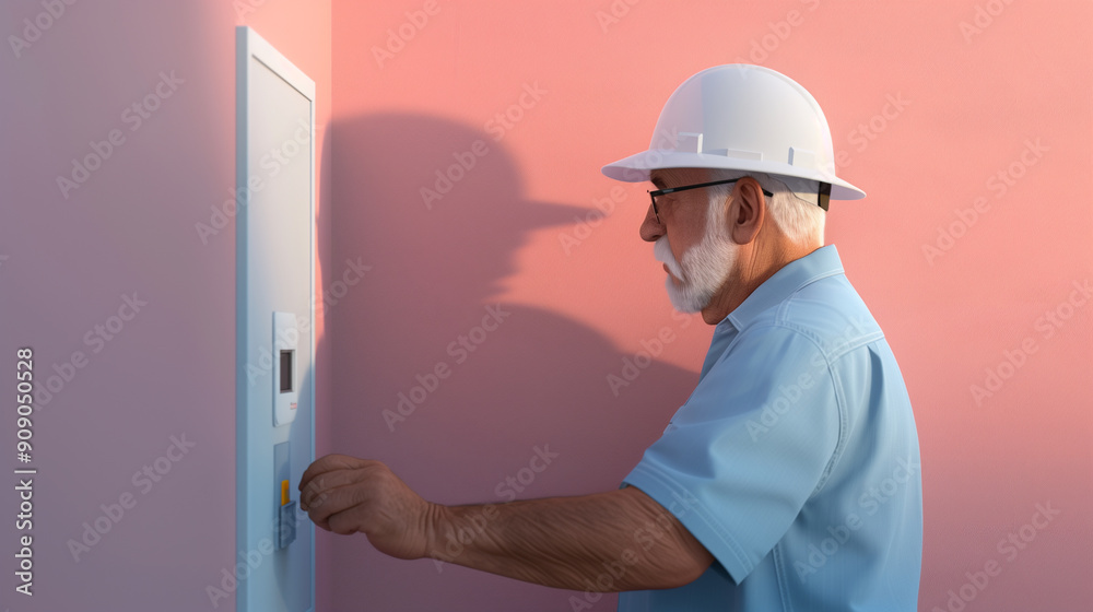 A senior electrician with a white beard and hard hat checking a control panel on a pink wall. A senior electrician with a white beard and hard hat checking a control panel on a pink wall.