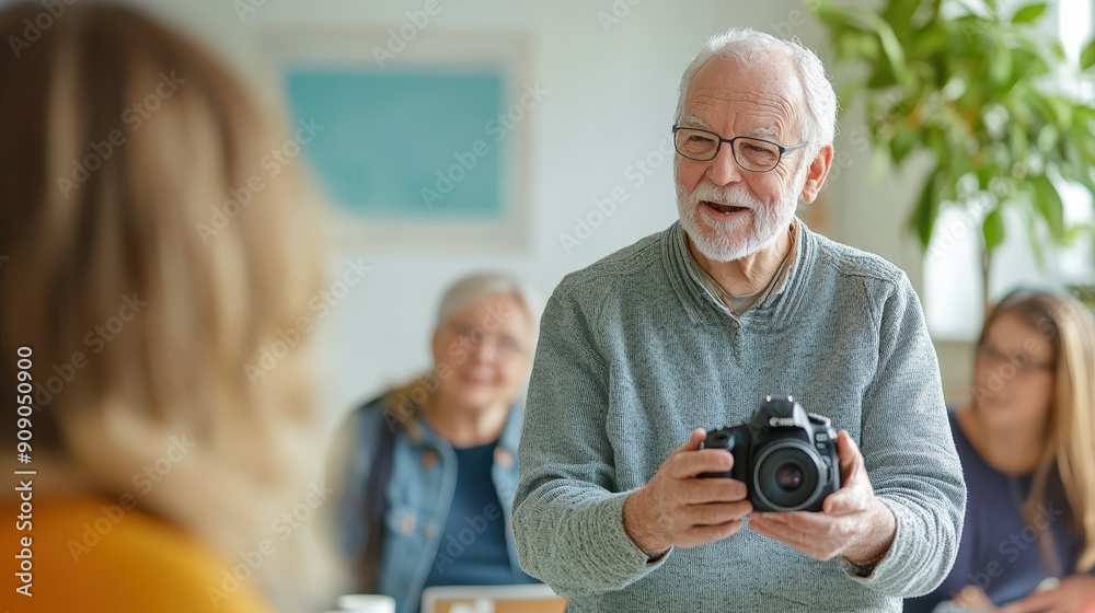 Senior Photography Class: Elderly Man Teaching DSLR Camera Skills to Group of Senior Learners in Bright Room Senior Photography Class: Elderly Man Teaching DSLR Camera Skills to Group of Senior Learners in Bright Room