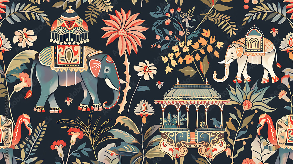 Vibrant blue, red, and gold Indian elephants and floral patterns create a luxurious, festive, and exotic mood. Vibrant blue, red, and gold Indian elephants and floral patterns create a luxurious, festive, and exotic mood.