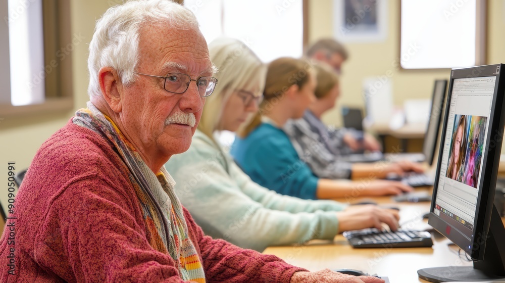Active Senior Learners in Well-Lit Classroom Exploring Photo Editing on Computer Active Senior Learners in Well-Lit Classroom Exploring Photo Editing on Computer