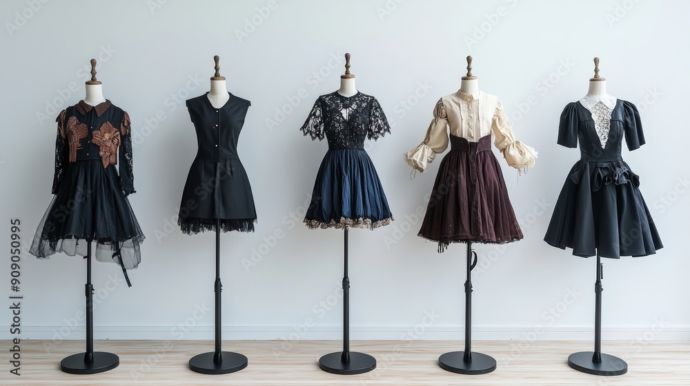 A collection of elegant dresses displayed on mannequins in a chic, modern setting, showcasing diverse styles and designs. A collection of elegant dresses displayed on mannequins in a chic, modern setting, showcasing diverse styles and designs.