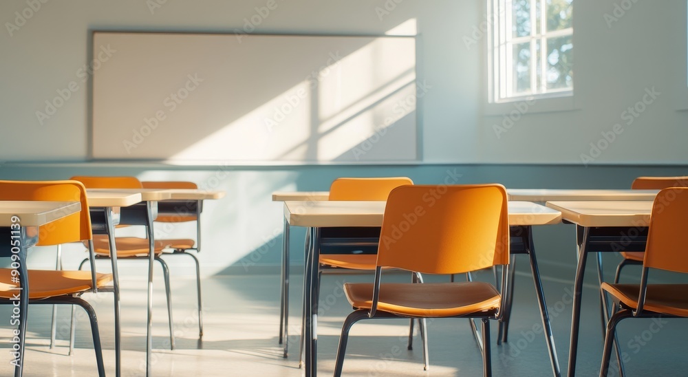 An empty school classroom with desks and chairs arranged neatly An empty school classroom with desks and chairs arranged neatly