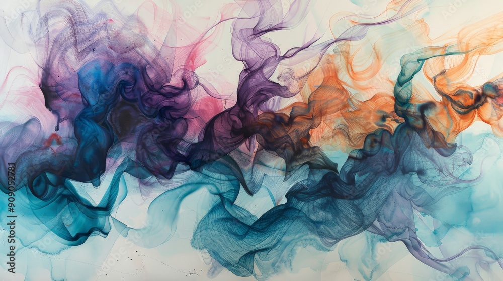 Abstract Ink Painting with Blue, Orange, and Purple Hues Abstract Ink Painting with Blue, Orange, and Purple Hues