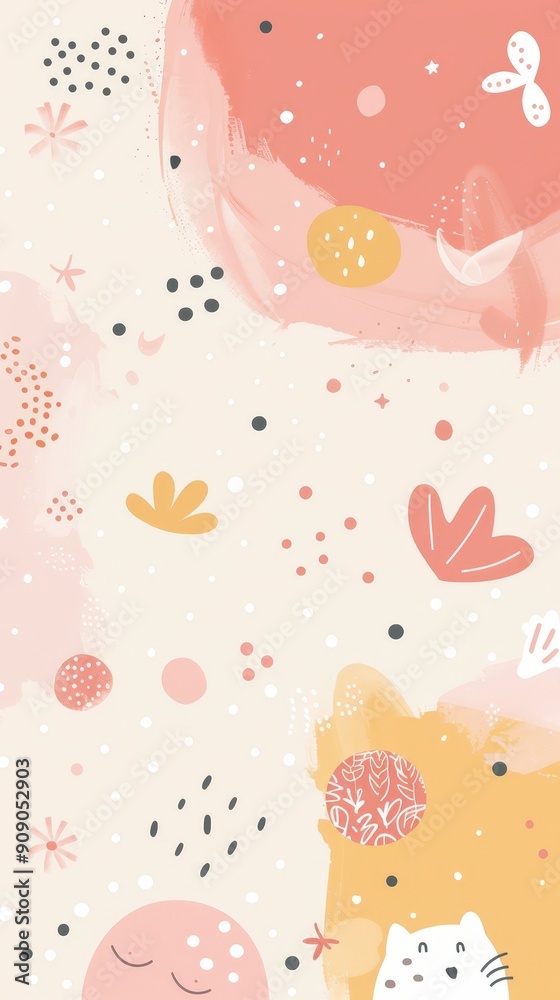 A cheerful pastel background with playful polka dots and whimsical shapes in soft pink, orange, yellow, and cream colors creates a joyful atmosphere, wallpaper for phone