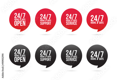 24 7 Service Support open, 24 hours a day, 7 days a week icon set. Tech supporting symbol. Timetable, time, hours signs. Delivery, shopping symbol. Vector illustration
