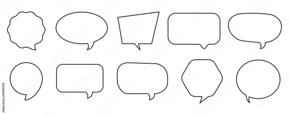 Set of speak bubble text, chatting box, message box outline cartoon vector illustration design. Balloon doodle style of thinking sign symbol. Set of speak bubble text, chatting box, message box outline cartoon vector illustration design. Balloon doodle style of thinking sign symbol.