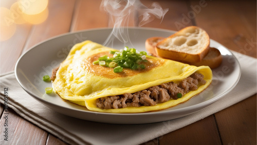 Food for breakfast, omelet with hot pork filling and wheat toast on the side.