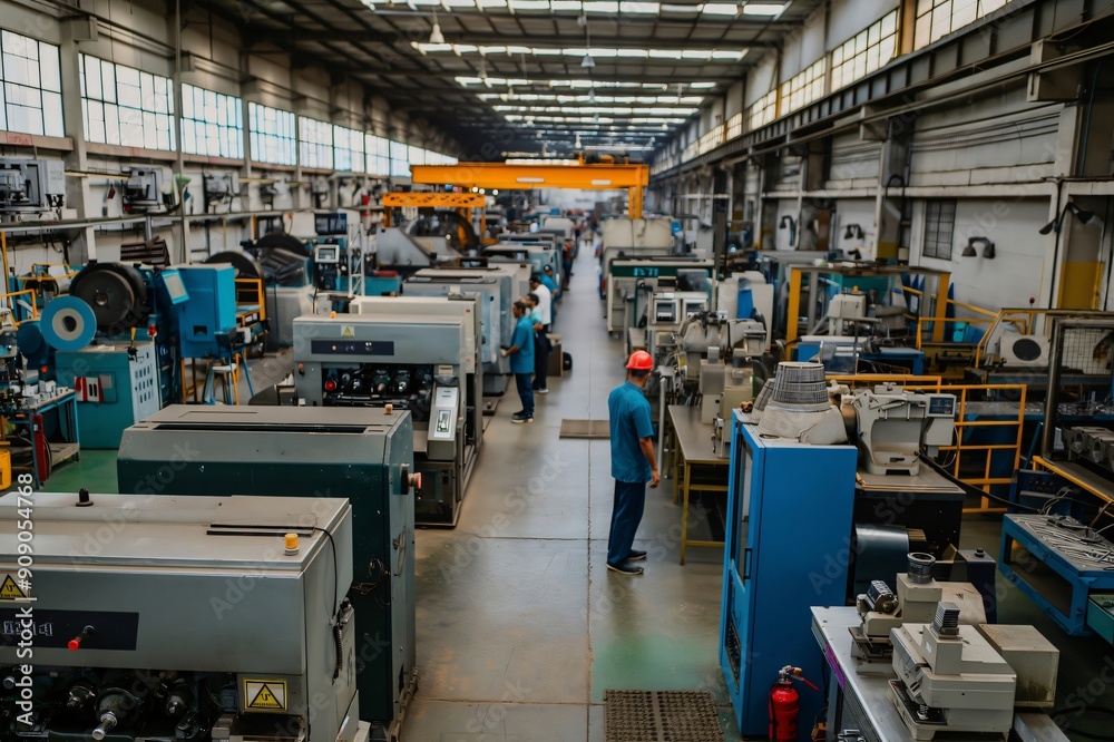 Naklejka premium Workers skillfully manage machinery in a bustling metalworking factory, showcasing teamwork and collaboration to create steel products