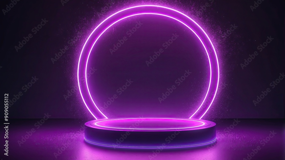Abstract round electric light frame with sparkles in fog on the purple podium on dark background Abstract round electric light frame with sparkles in fog on the purple podium on dark background
