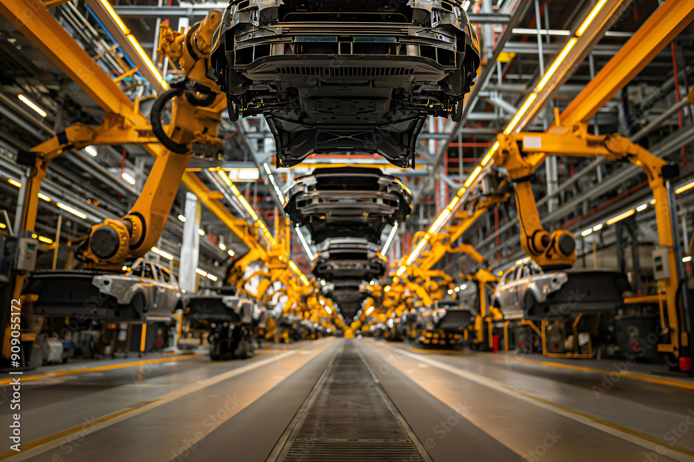 Robotic arms moving car bodies on assembly line in a modern car factory, concept of automated production process Robotic arms moving car bodies on assembly line in a modern car factory, concept of automated production process