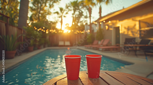 Red Solo cups scattered on a table with a blurry background of partygoers, symbolizing celebration, camaraderie, and the spontaneous joy of social gatherings photo