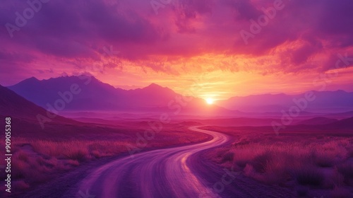 Winding Road Leading Towards a Mountain Sunset