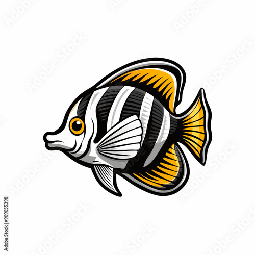 Cartoon butterfly fish with soled feet in black and white.