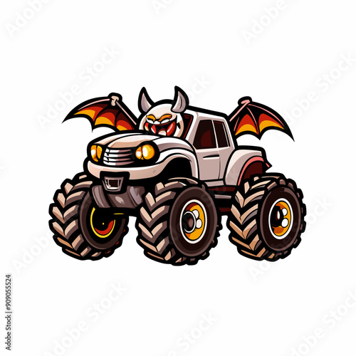 A cartoon monster truck with a little bat hanging from its side, decorated for Halloween.