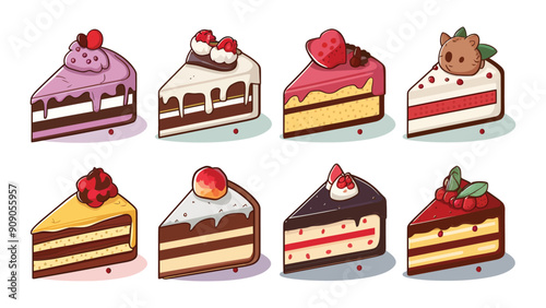 Set of vector cute cartoon cake slices, different flavors and emojis, isolated on white background
